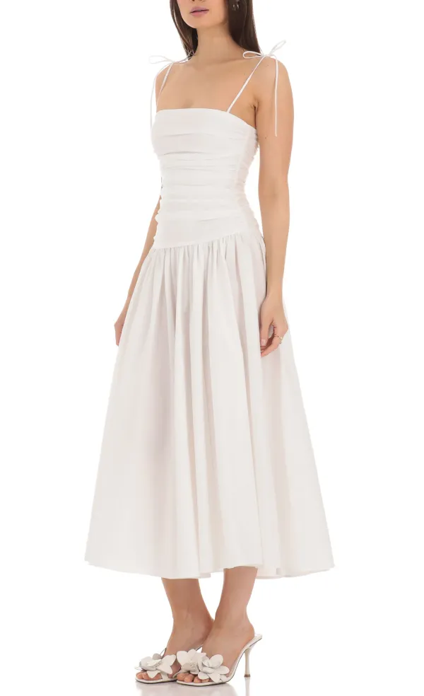 Ruched Square Neck Midi Dress in White