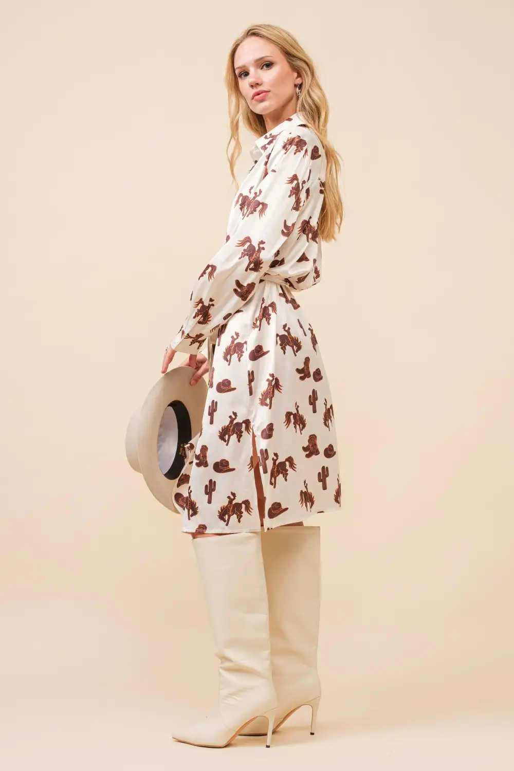 Satin Western Print Button Up Shirt Dress