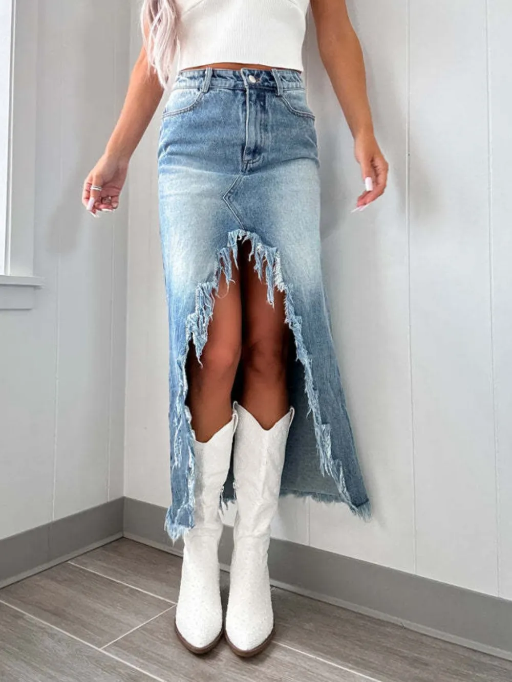 High Waist Raw Hem Skirt