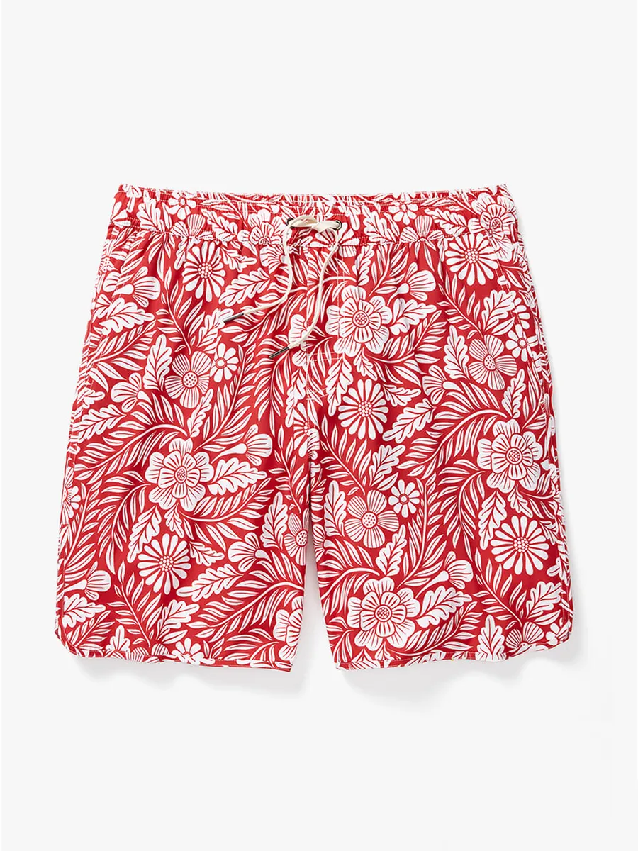 Men's Red Hawaiian Floral Beach Shorts