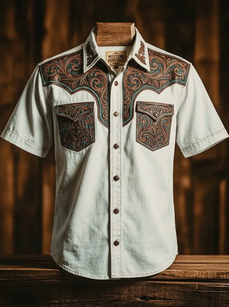 Men's Western Cowboy Floral Tooled Leather Printed Shirt