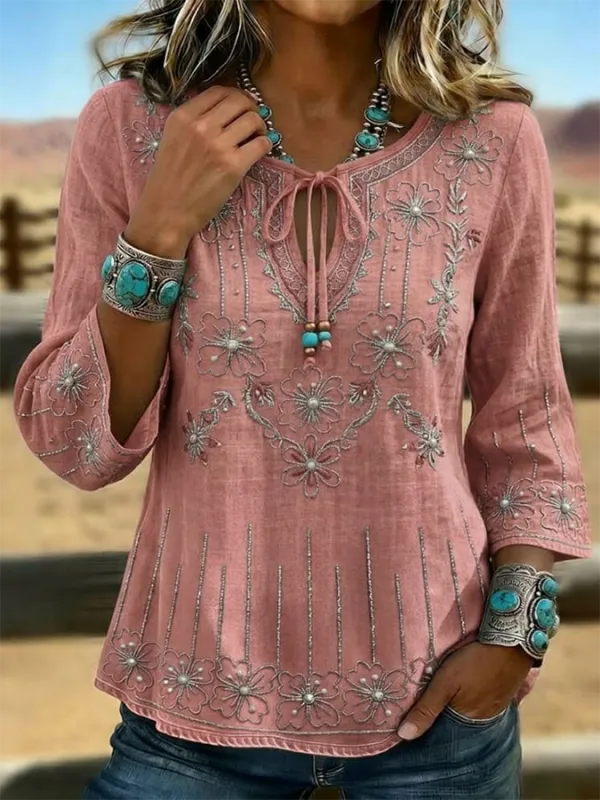 Women's Vintage Western Floral Print Slim Fit Top