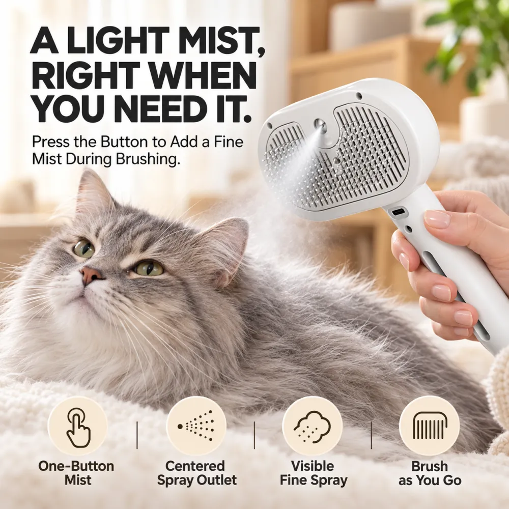 3-in-1 Plastic Steam Pet Grooming Brush – One-Touch Self-Cleaning Mist Comb for Heavy Shedding Long-Haired Dogs/Cats, 7.4*4.4*2.4 Inch Electric Massage Brush, Quick Hair Removal Knot & Undercoat Remover, Grooming Accessories