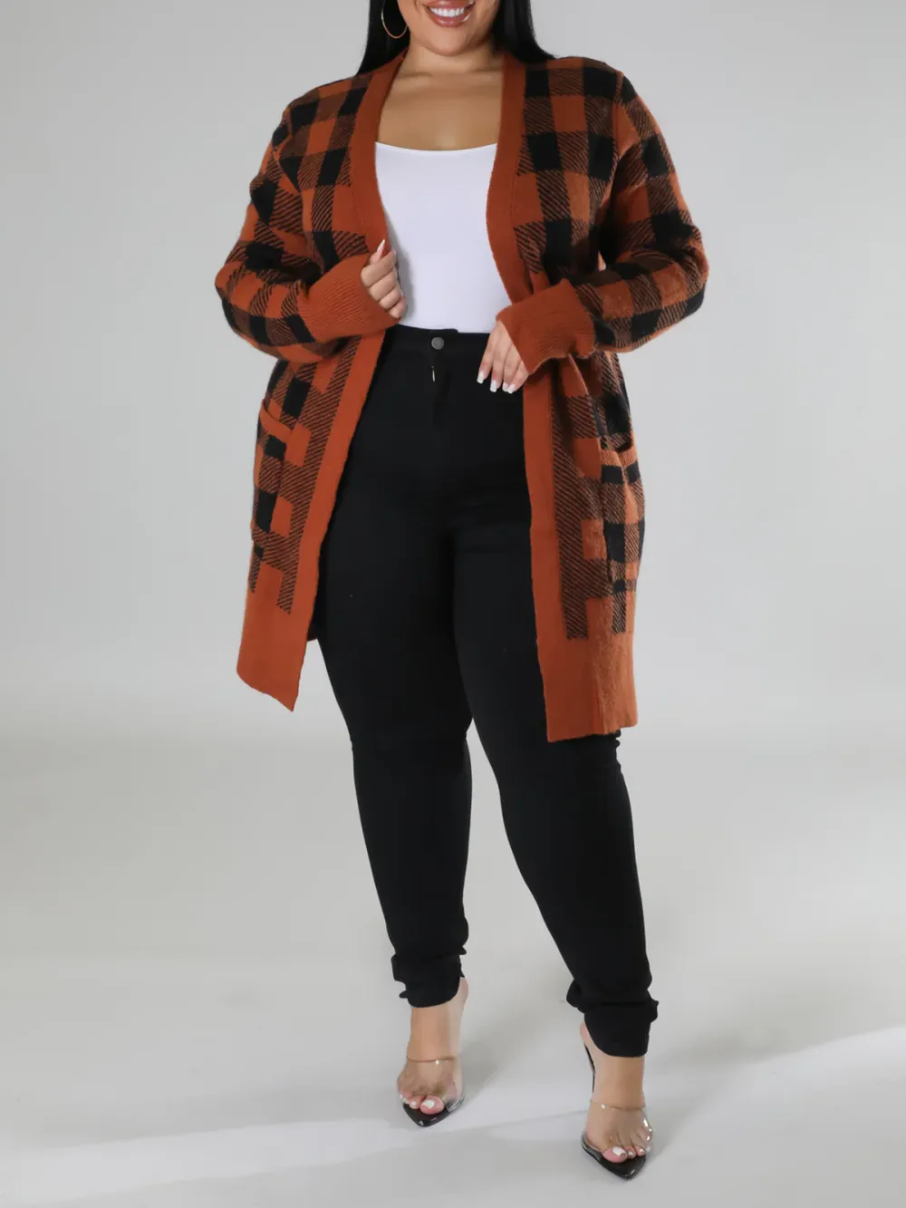 Plaid Knit Coat For Plus-Size Fashion Women