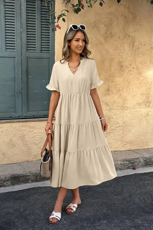V-Neck A Line Ruffle-Hem Pleated Dress