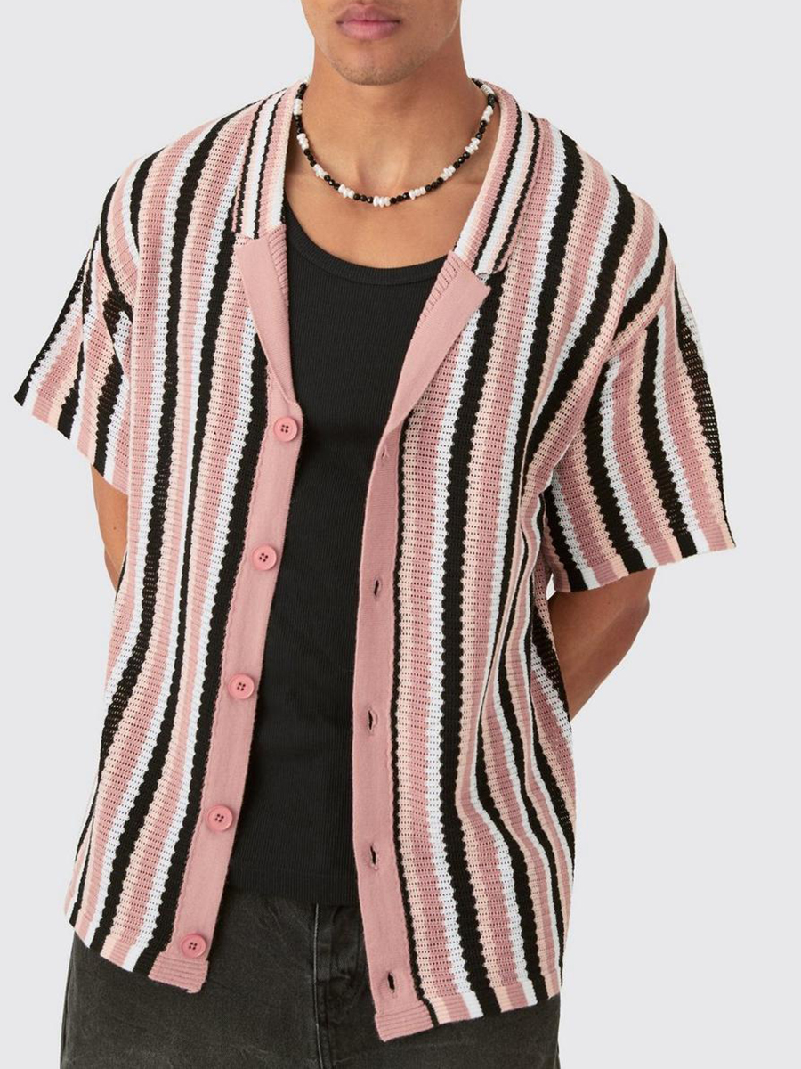 OVERSIZED OPEN STITCH STRIPE KNIT SHIRT