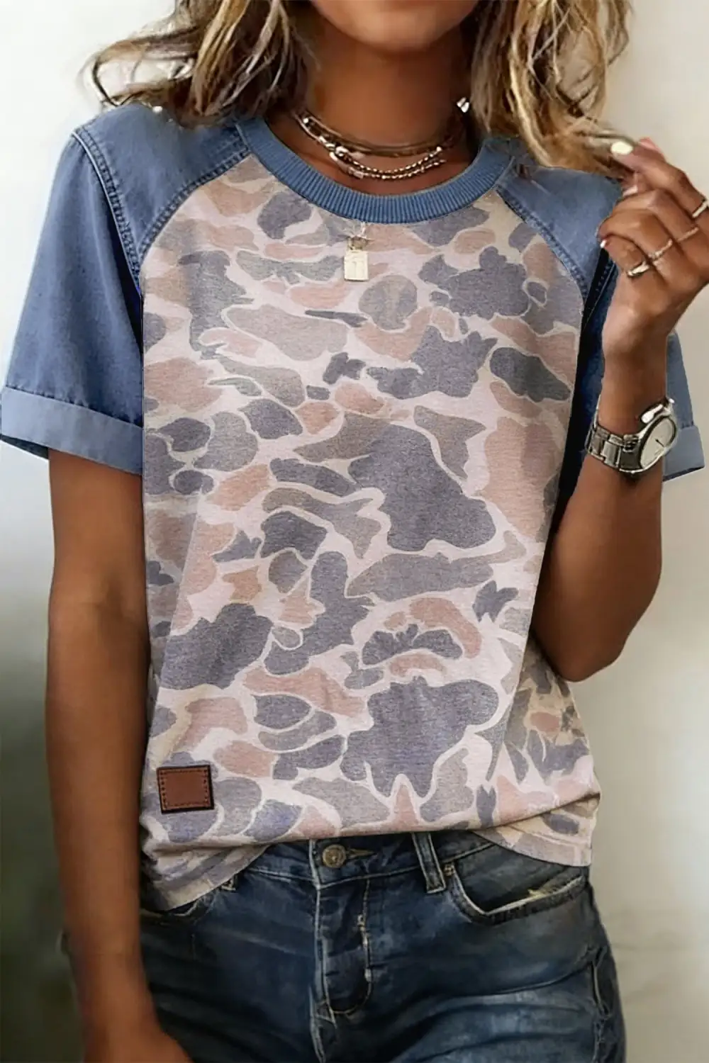 Camouflage Print Denim Contrast Blocked Sleeve Tee