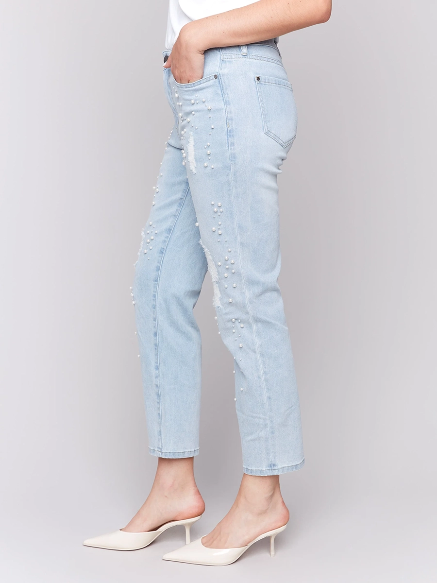 Creative Pearl Fashion Distressed Cotton Jeans