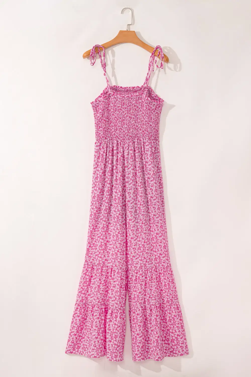 Relaxed Thin Straps Smocked Bodice Wide Leg Floral Jumpsuit