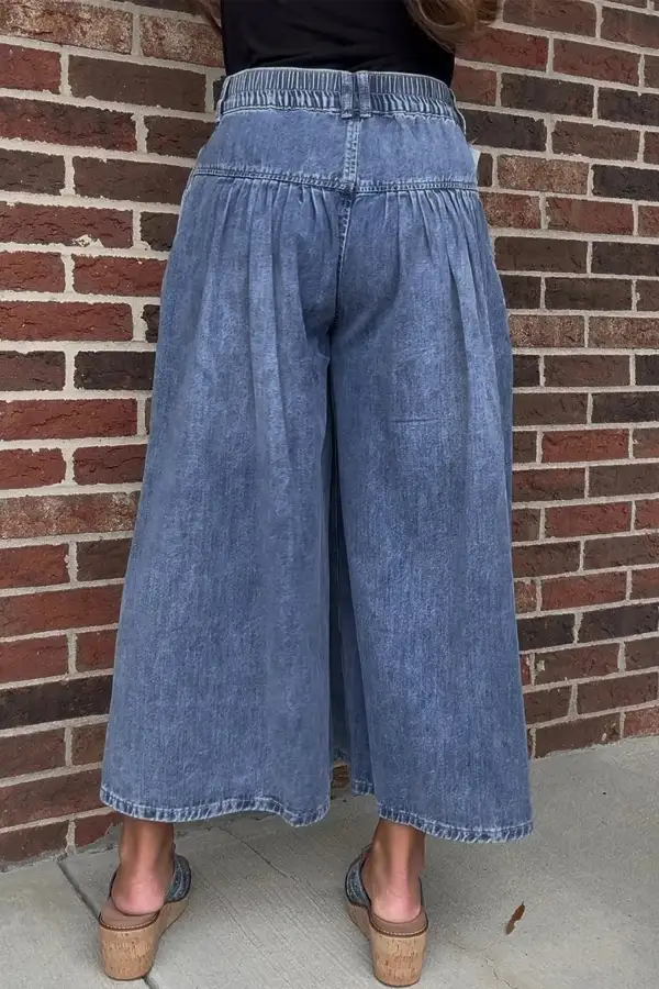 High Rise Buttons Pleated Cropped Wide Leg Denim Pants