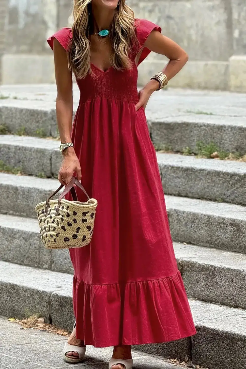 Textured Tie Detail Smocked Dress