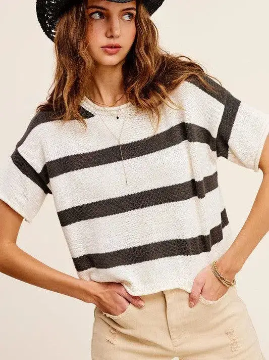 Todays Mood Expresso and Ambition Stripe Short Sleeve Sweater Top