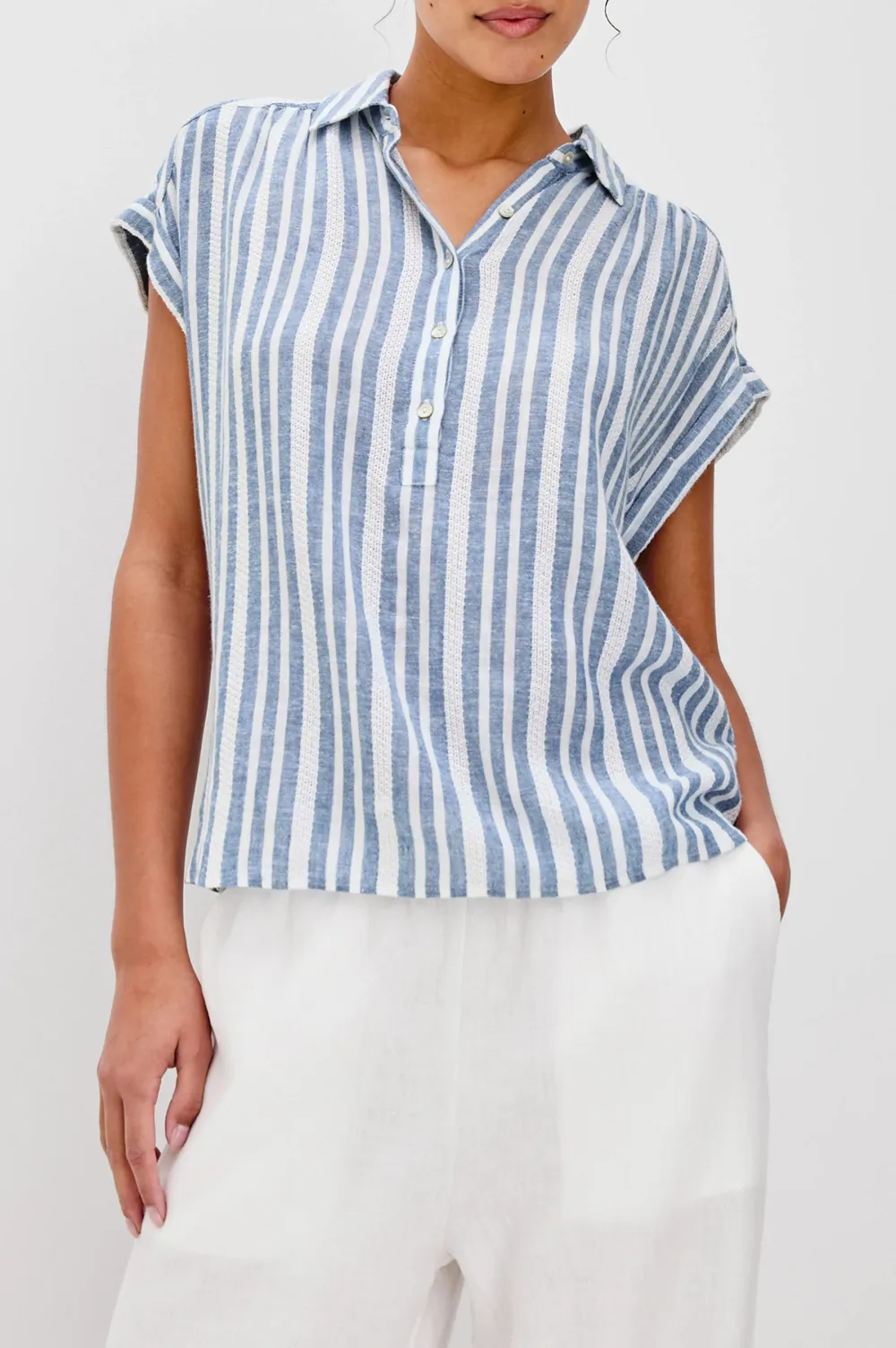 V-Neck Vertical Striped Blue Casual Shirt
