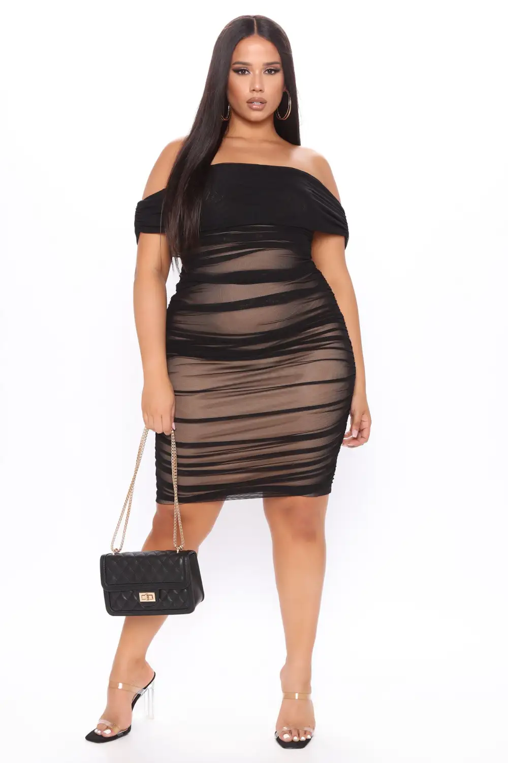 Ready And Ruched Mesh Midi Dress - Black
