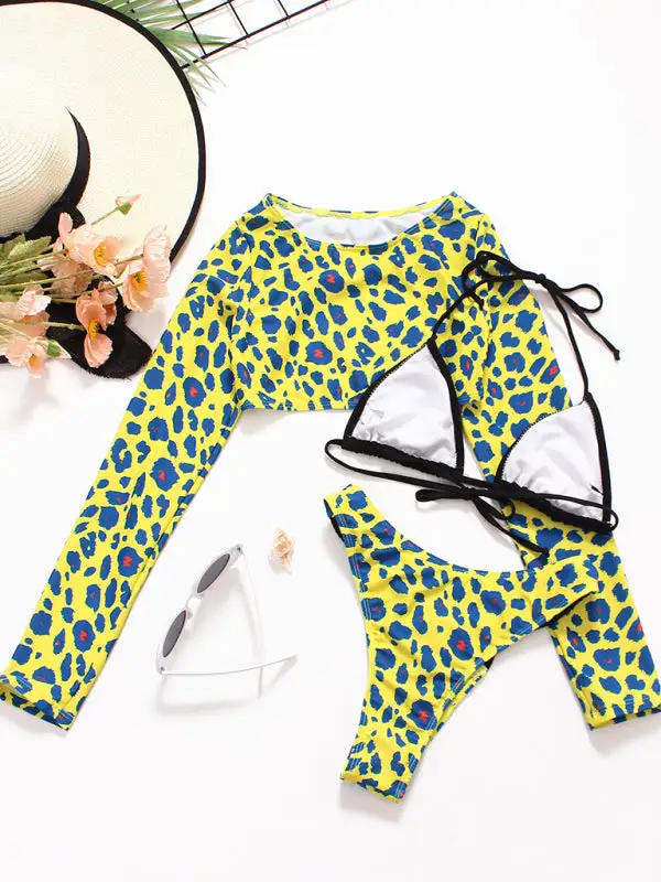 Braided Rope Leopard Print Long Sleeved Swimsuit