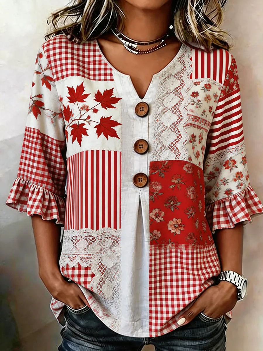 Women's Retro Canadian Celebration Patchwork Printed Top