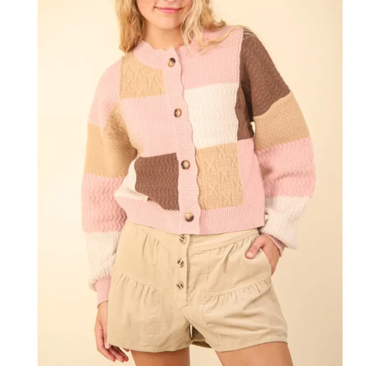 Color Block Button Down Textured Sweater Cardigan