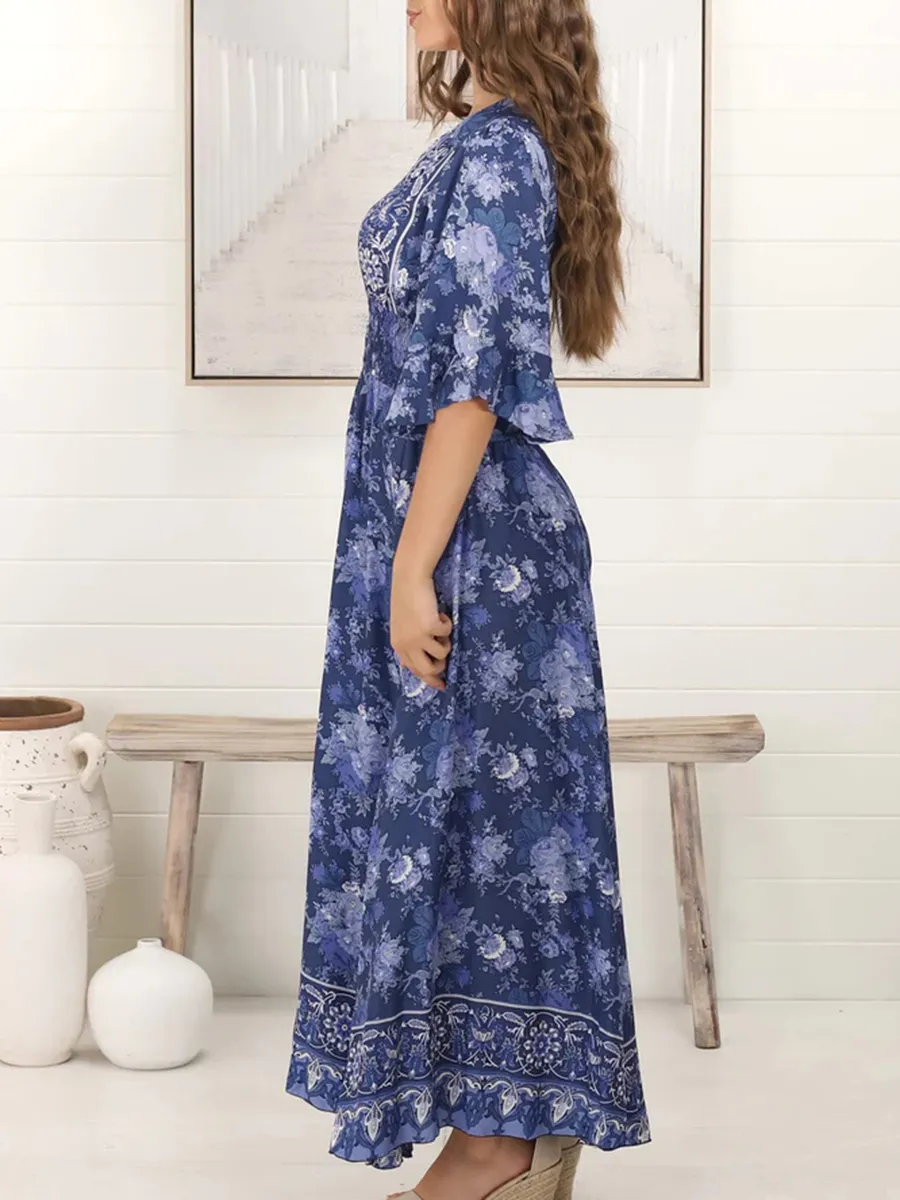 Short sleeve Bohemian slit print maxi dress