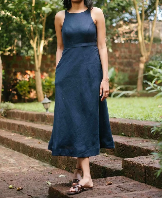 Indigo Blue Linen Cutaway Maxi Dress