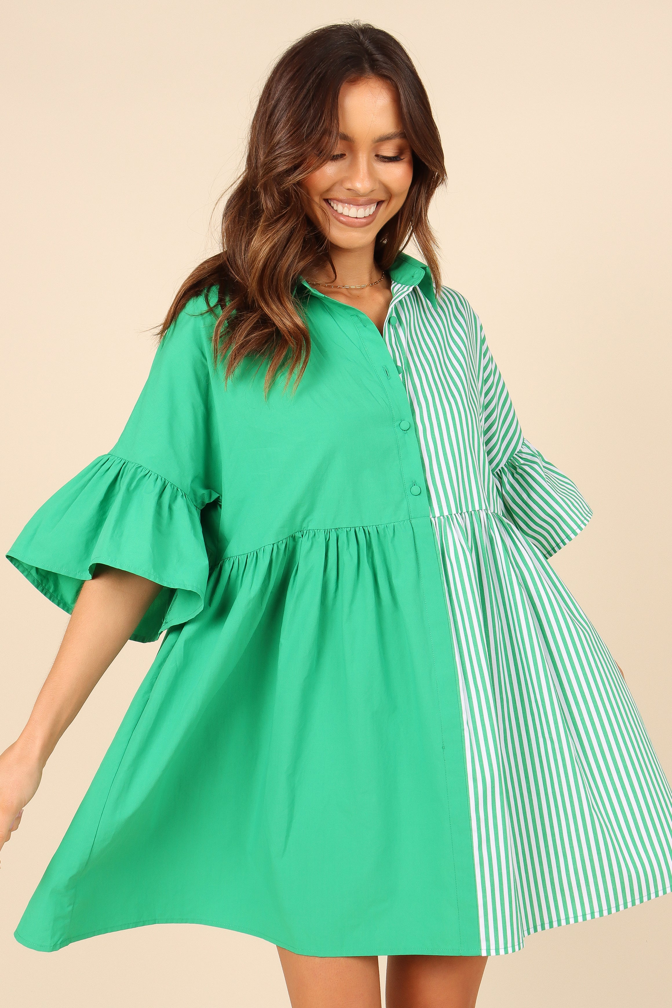 Didi Frill Mini Dress - Green Stripe