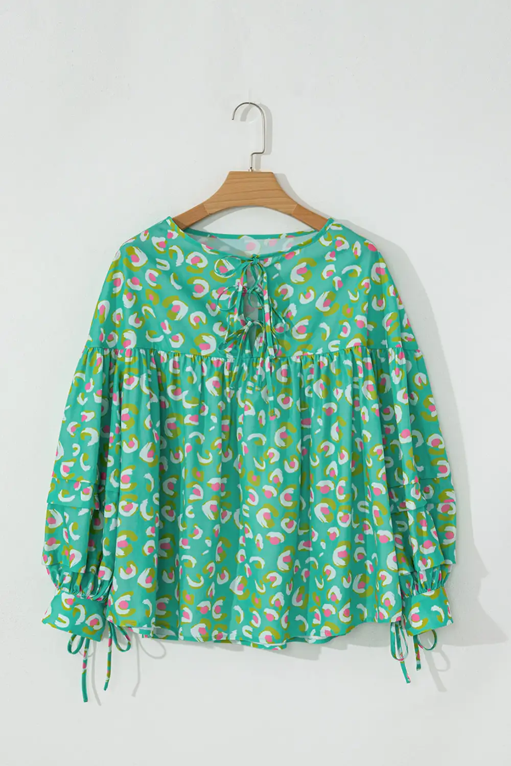 Green Abstract Printed Lace-Up Lantern Sleeve Babydoll Blouse