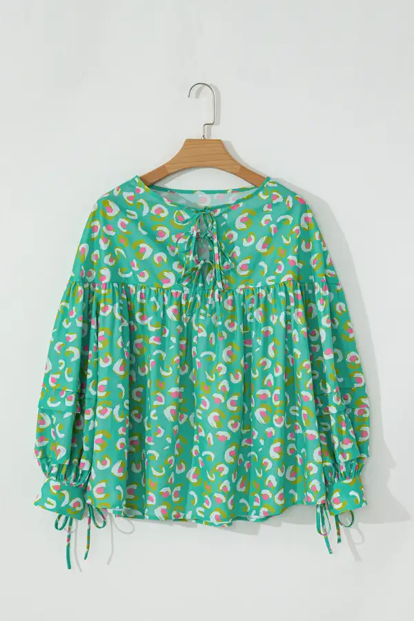 Green Abstract Printed Lace-Up Lantern Sleeve Babydoll Blouse