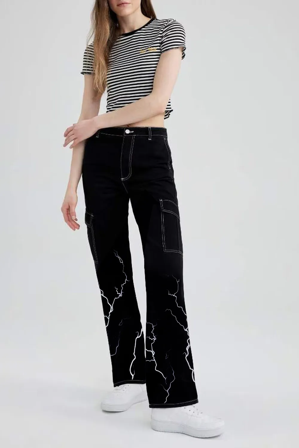 Wide Leg Lightning Print Cargo Pants