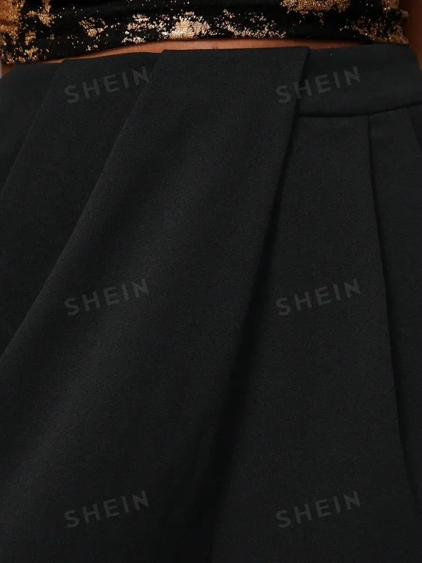 Women's Draped Graphic Letter Plain Contrast Sequin Zipper Trousers