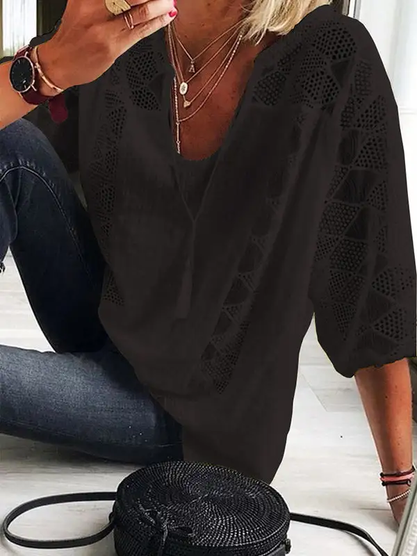 Minimal Casual Cutout Lace Detail Panel Detail U-Neck T-Shirt