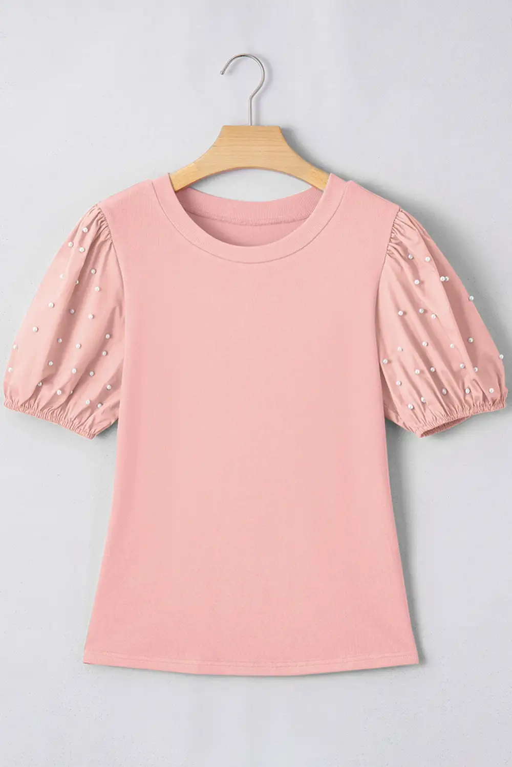 Light Pink Ribbed Pearl Beaded Puff Sleeve Top