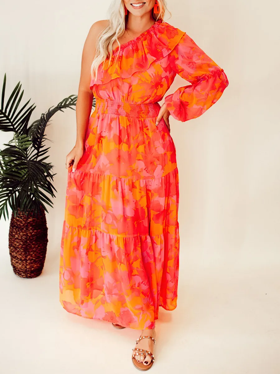 Rose Orange Flower Single Shoulder Long Dress