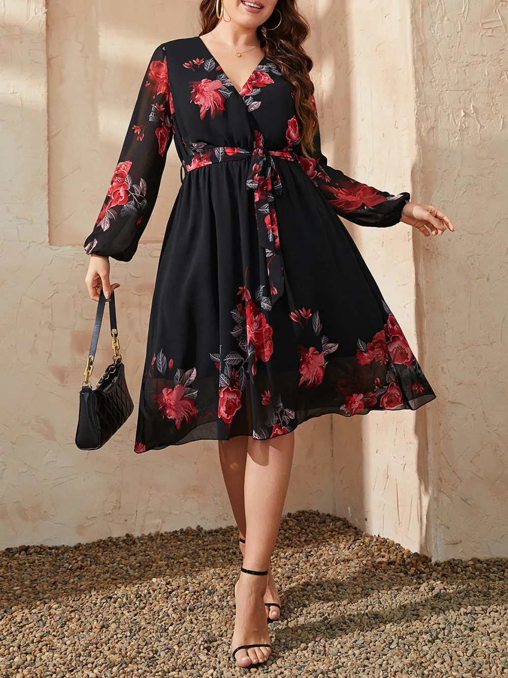 New V Neck Long Sleeved Flora Printed Dress