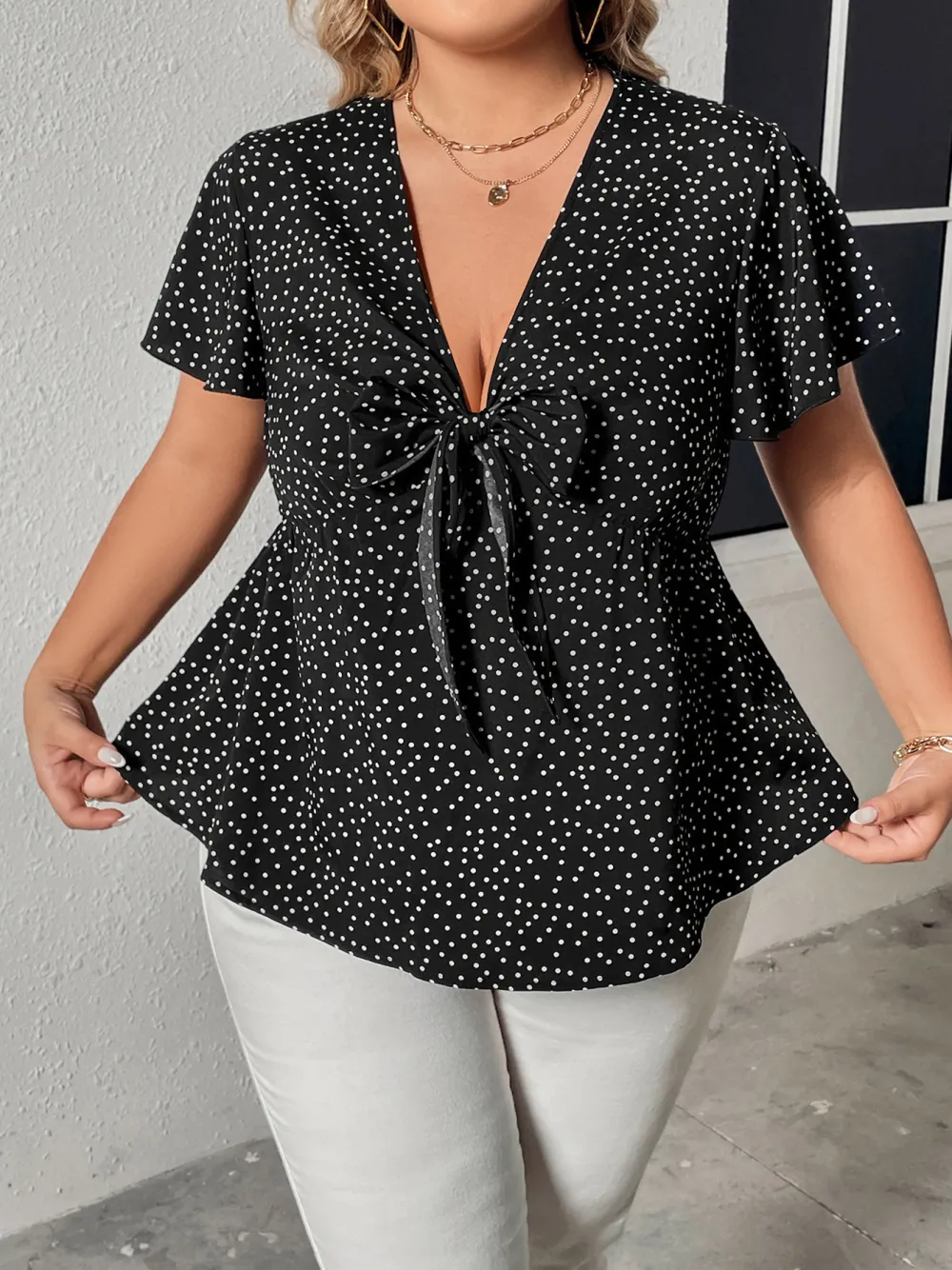 Deep V Waist Polka Dot Print Ladies Top