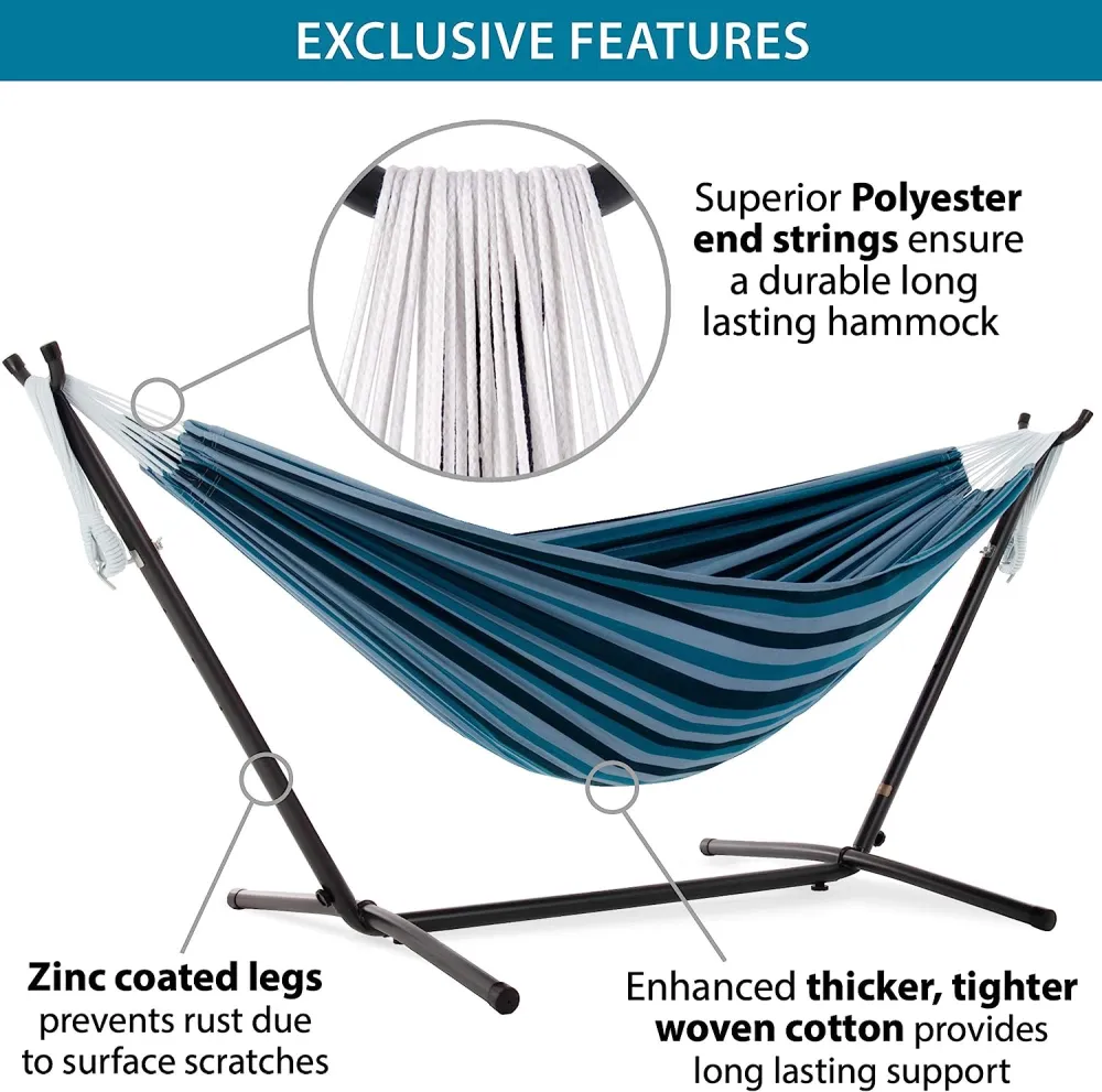 Double Cotton Hammock with Space Saving Steel Stand, Tropical (450 lb Capacity - Premium Carry Bag Included)