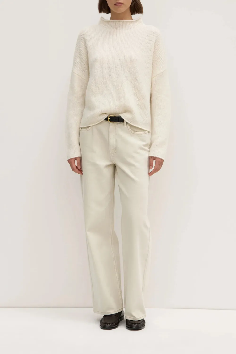 Loose Knit Sweater With Shoulder Drop And Stand Up Collar