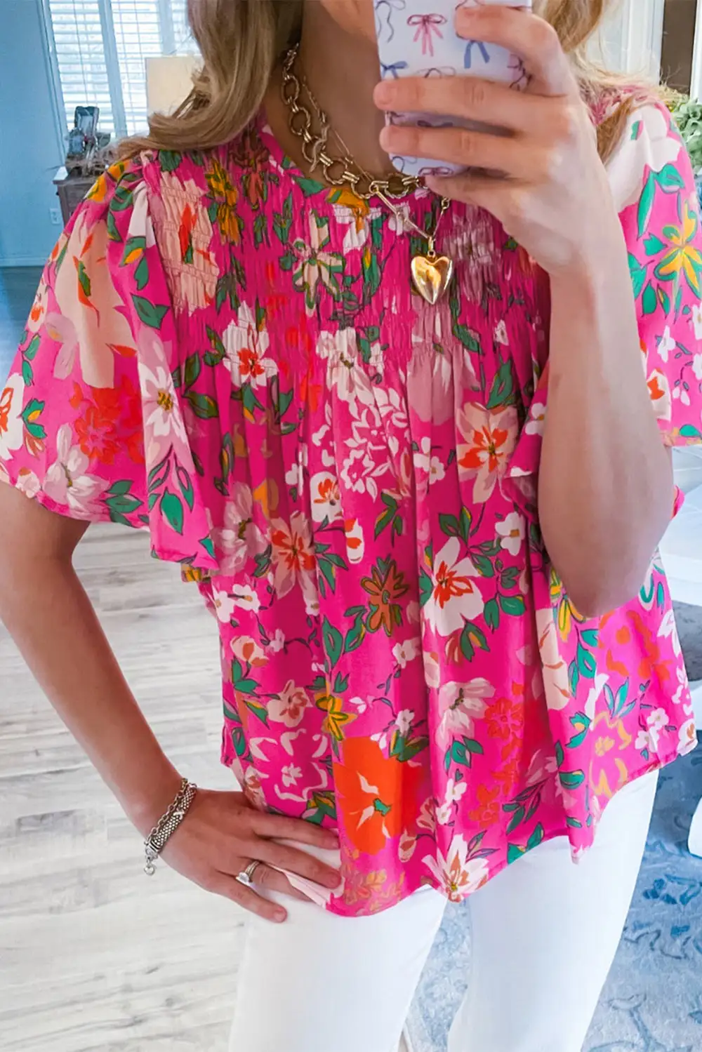Floral Smocked Short Sleeve Blouse