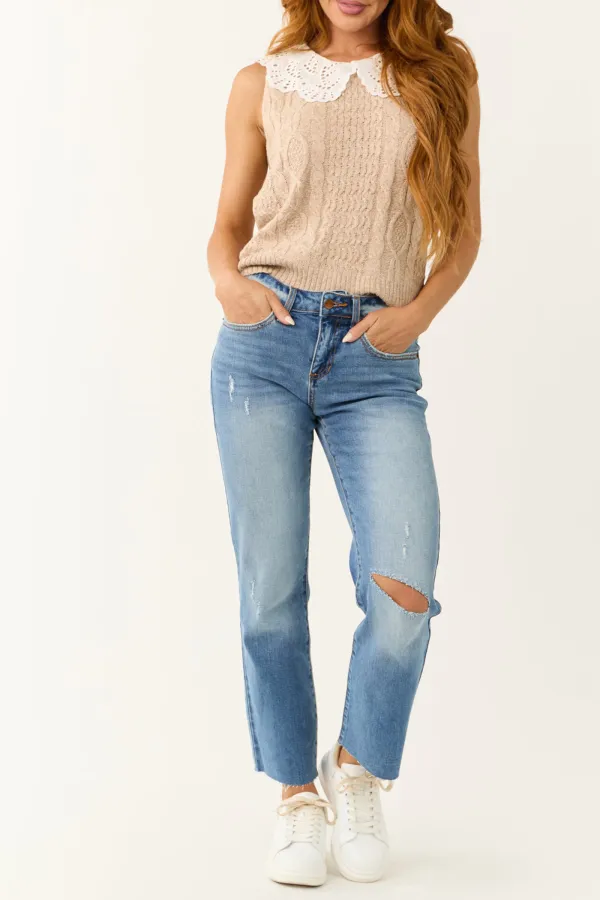 Nude Sleeveless Lace Trim Cable Knit Sweater