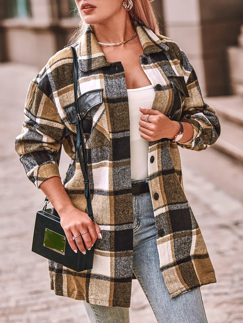 Casual retro plaid single breasted long sleeve jacket