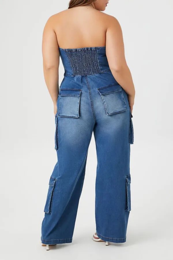 Plus Size Strapless Denim Jumpsuit