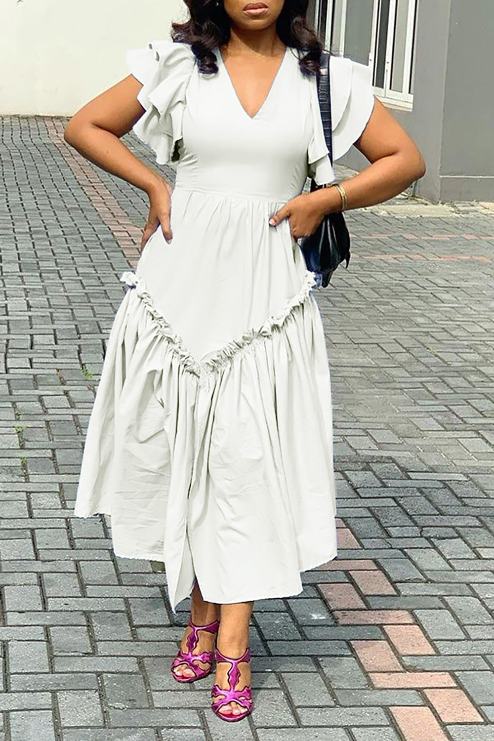 Plus Size White Daily Ruffle Sleeve Solid V Neck Slit Midi Dresses [New]