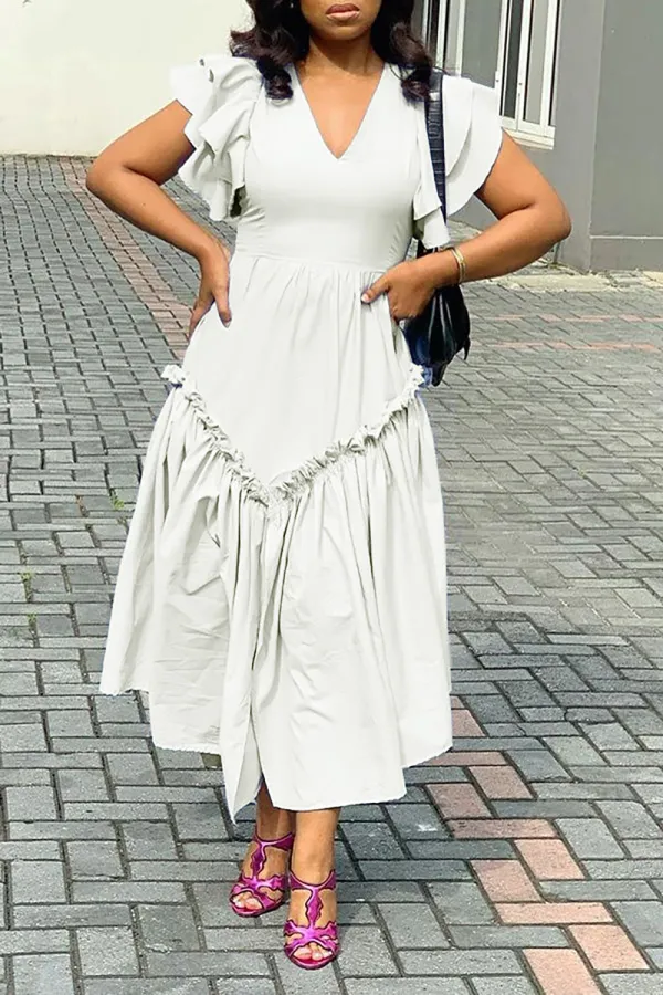 Plus Size White Daily Ruffle Sleeve Solid V Neck Slit Midi Dresses