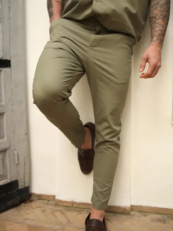 Green Elastic Twill Men's Pants