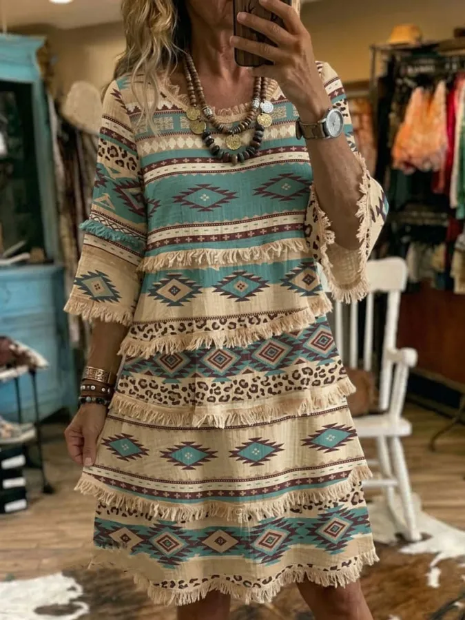 Women's Vintage Aztec Art Print Patchwork Cotton And Linen Dress