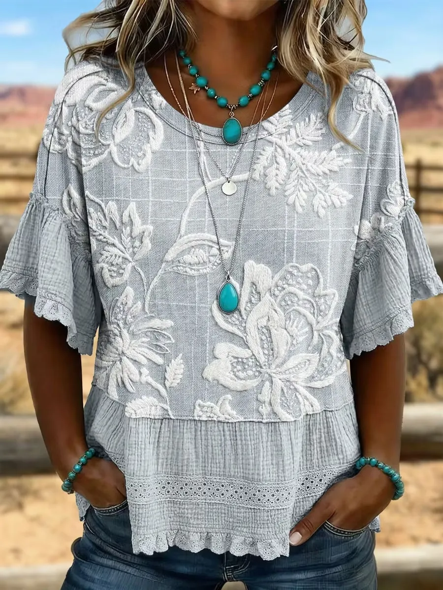 Women'S Retro Western Flower Art Printed Splicing T-Shirt