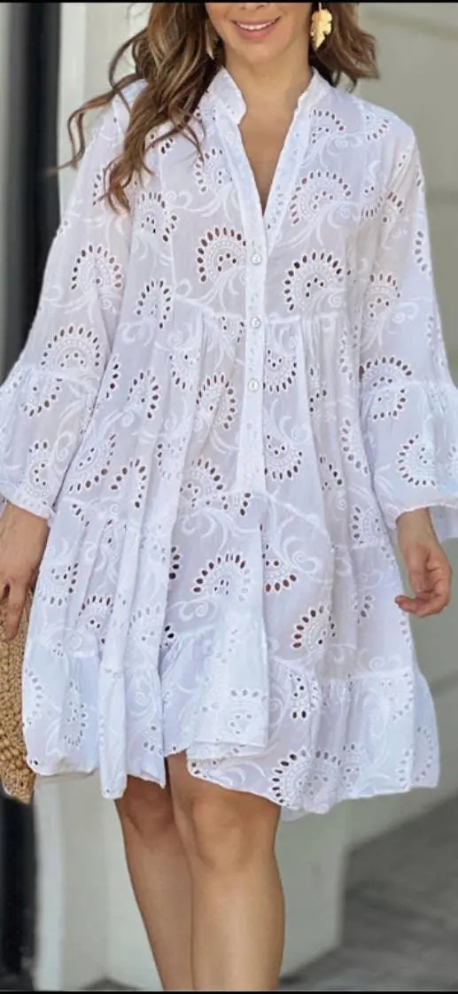 Eyelet Long Sleeve Short Daily Dress
