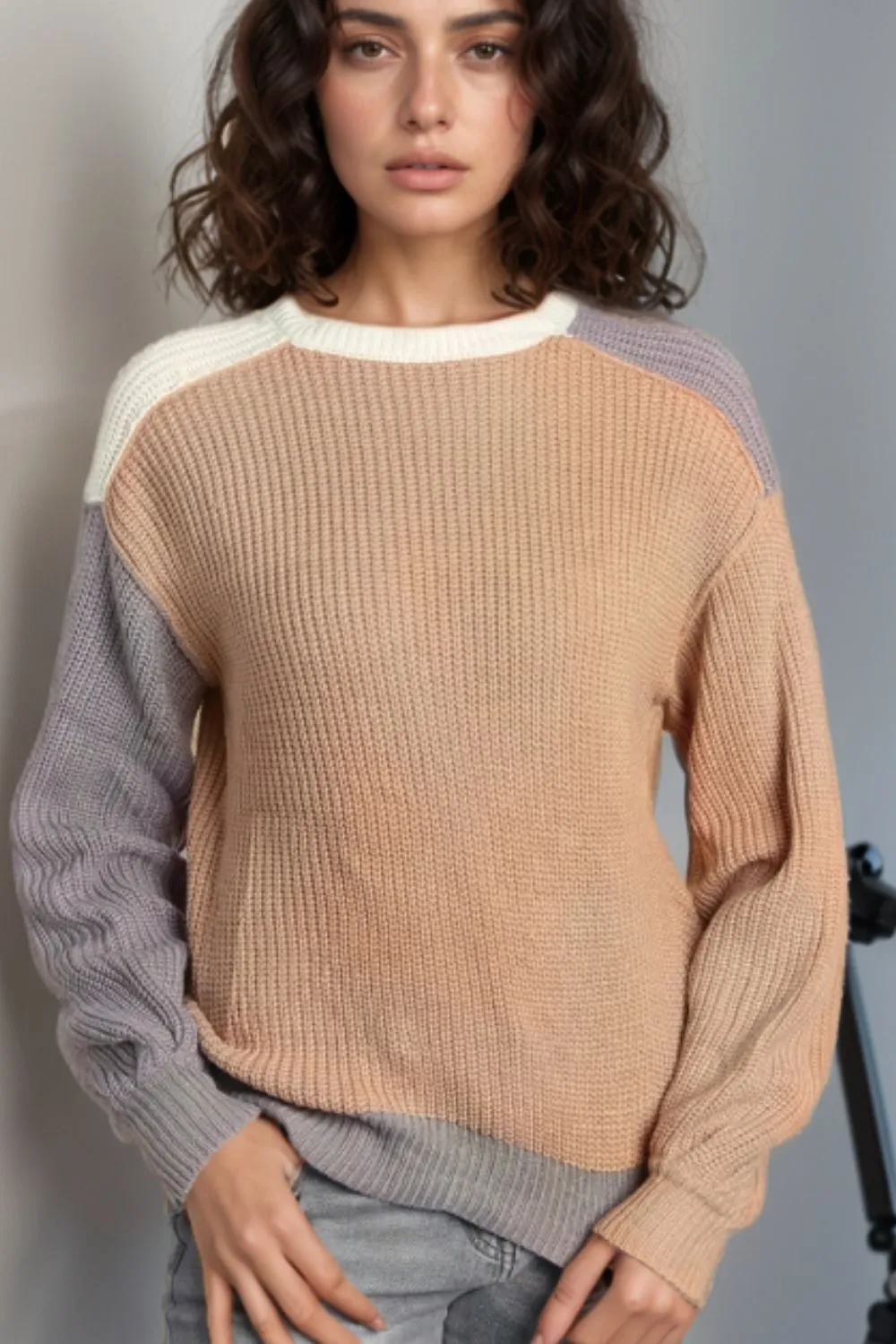 Color Block Round Neck Drop Shoulder Sweater - Ships 11/29