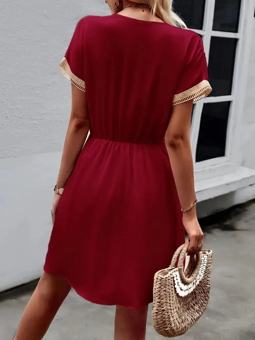 Contrast Trim V Neck Short Sleeve Mini Dress