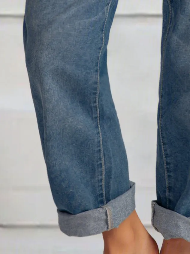 Cotton Loose Blue Casual Buttoned Jeans