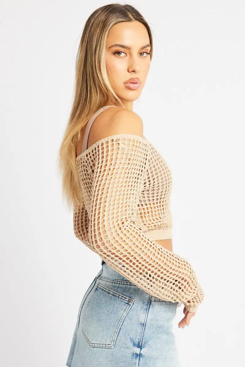 Beige Crochet Knit Top Long Sleeve Square Neck