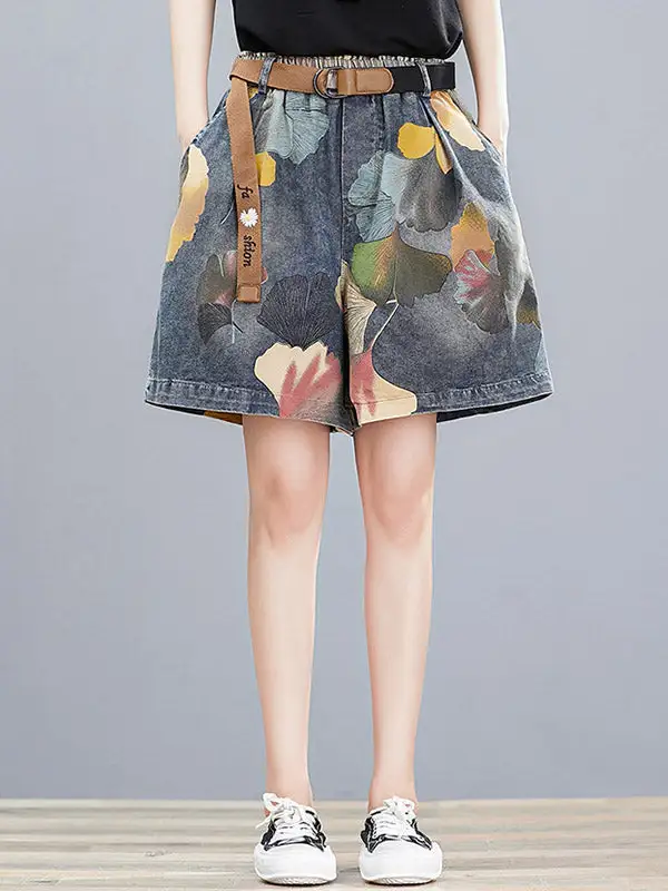 Originele Denim Shorts Met Wijde Pijpen En Bloemen
